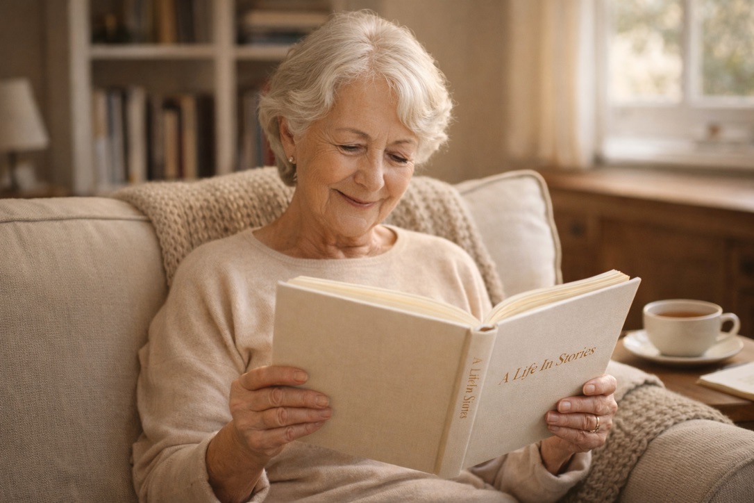 A reader turning the pages of a bound memoir on a sofa